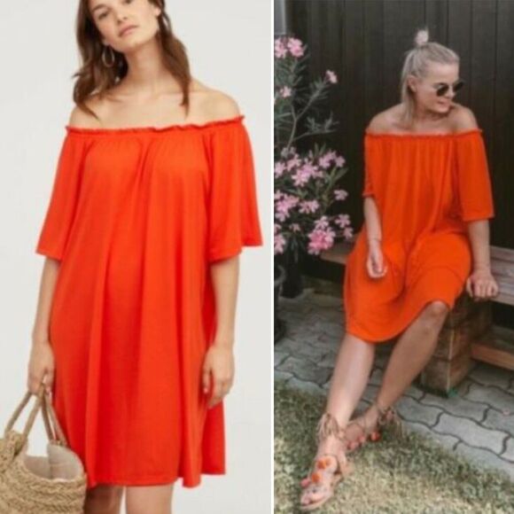 H&M Conscious Bardot Swing Dress Orange Off Shoulder Jersey Knit Womens XS - Picture 9 of 9